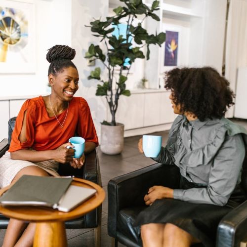 Two business women confer in an informal setting